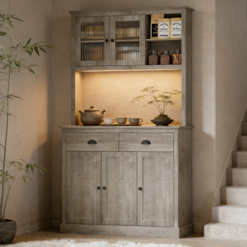Garde-manger autoportant avec tiroirs et tablettes réglables, huche de rangement de 71 pouces de hauteur avec support pour micro-ondes, 5 portes et 2 tiroirs pour la salle à manger ou la cuisine