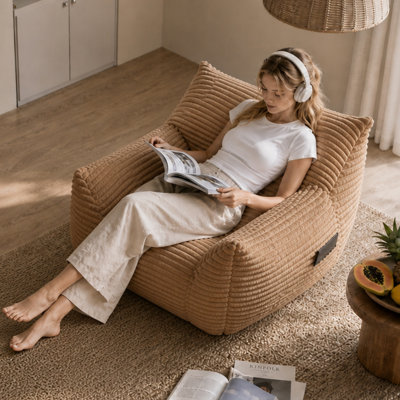 Grand fauteuil à billes, tissu côtelé brun, chaise longue portable moderne