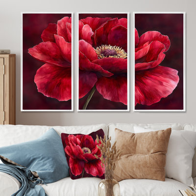 Velours bourgogne pivoine douce symphonie II - pivoines, art mural - 3 panneaux