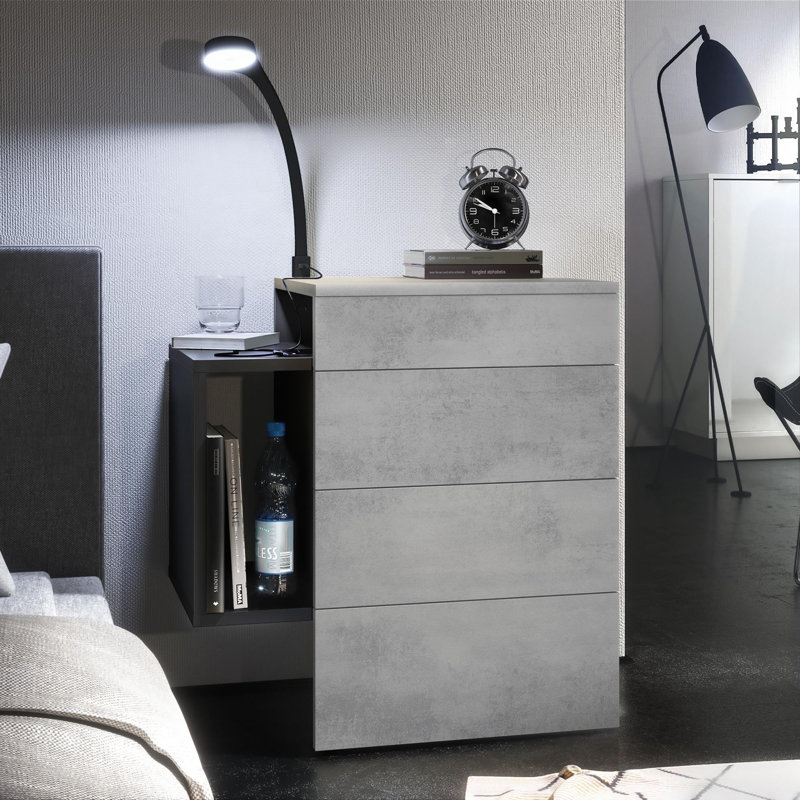 Mcardle 2 Drawer Bedside Table, With LED Flexi light, Concrete Oxide Optics