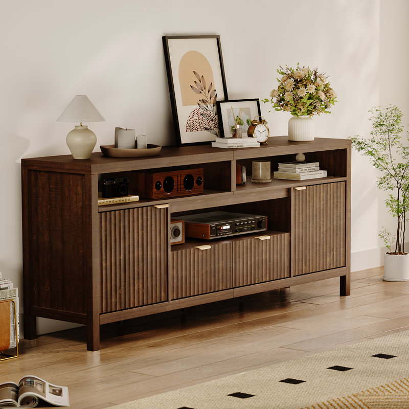Meuble télé cannelé pour téléviseurs de 65/75 po, console de télévision Mid-Century moderne avec tiroirs et armoires, centre multimédia brun