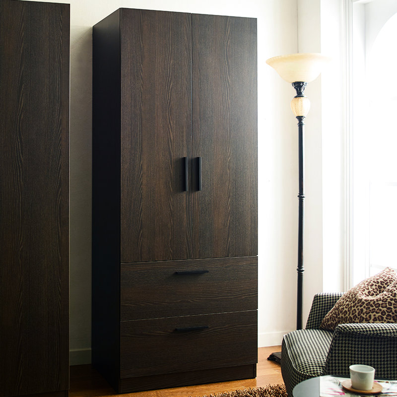 Garde-robe en bois brun foncé avec 2 portes, tiroirs et barres de suspension - Fonction de fermeture en douceur, zone de rangement très profonde, résistance à la chaleur de l'eau, protection contre les rayures pour plus de commodité