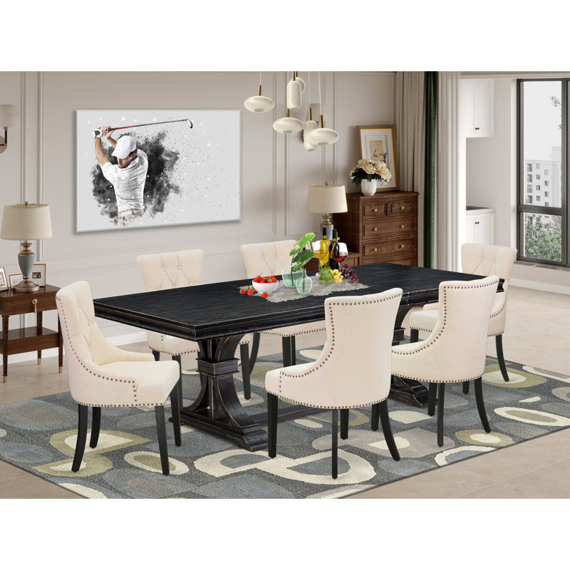7-piece dining set consists of a wooden table and 6 Light Beige Linen Fabric dining chairs & black legs with Button Tufted Back - Sand Blasting Black finish.