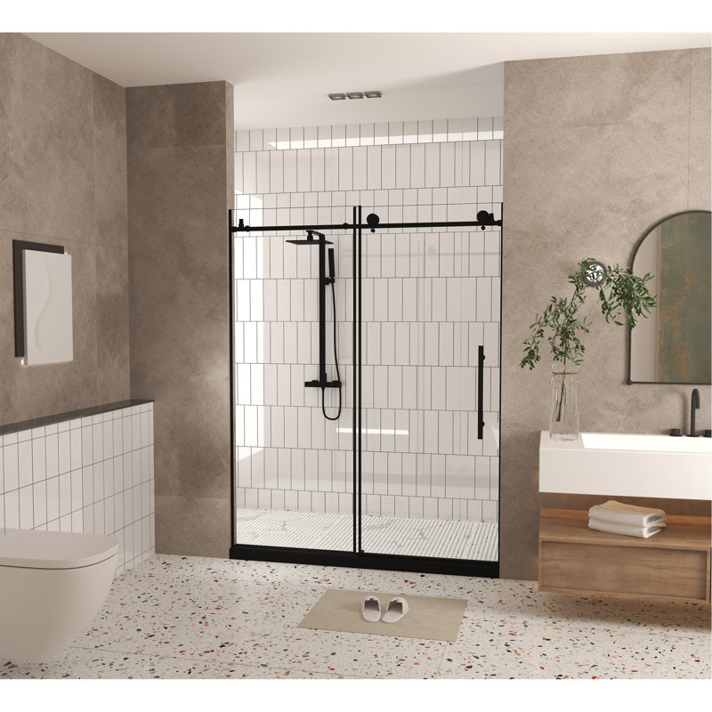 Frameless Shower Door 56-60 "W X 76" H, 1/4 "(6 Mm) Clear Tempered Glass, Explosion Proof Film, Stainless Steel Handle, Matte Black