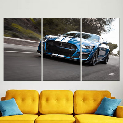 Modern Boy Room Wall Art: Printed Canvas of Blue Sport Car,3P Wrapped Canvas