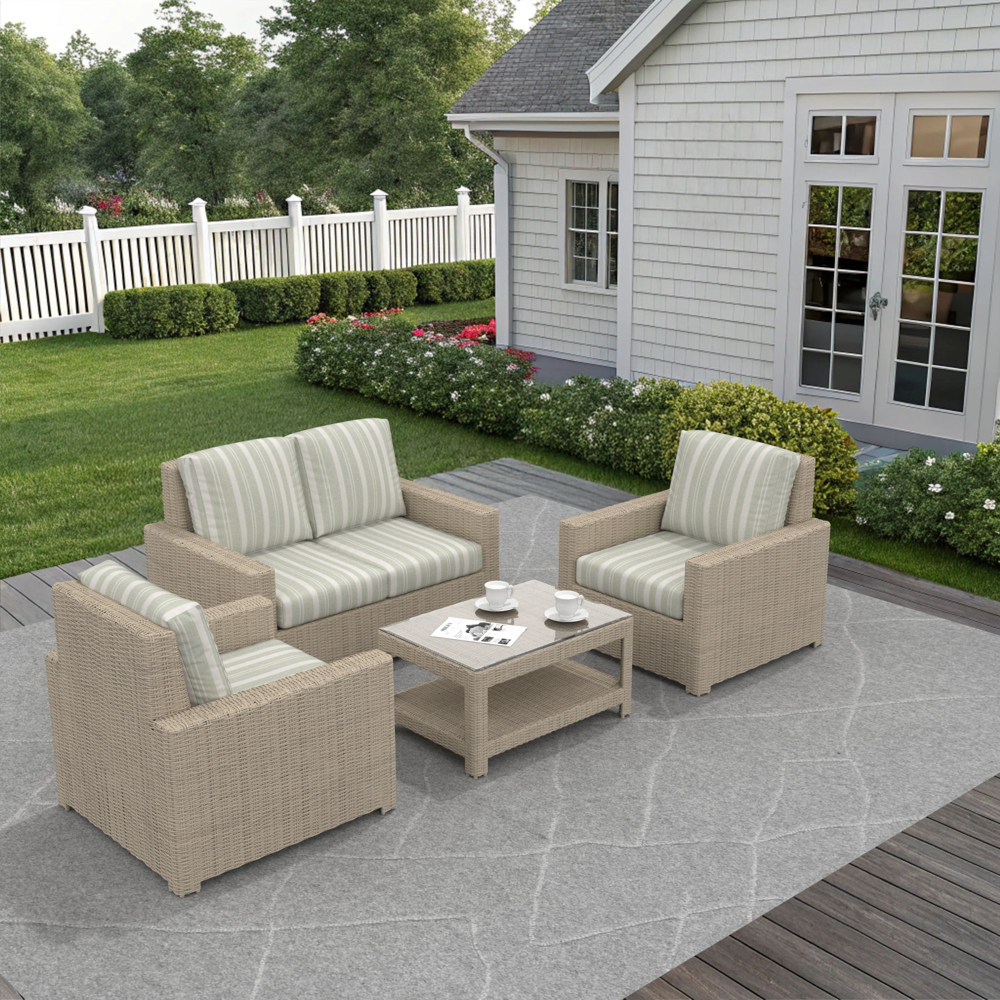 Outdoor Patio Loveseat Conversation Set With Sunbrella Cushions, Tranquil Sage
