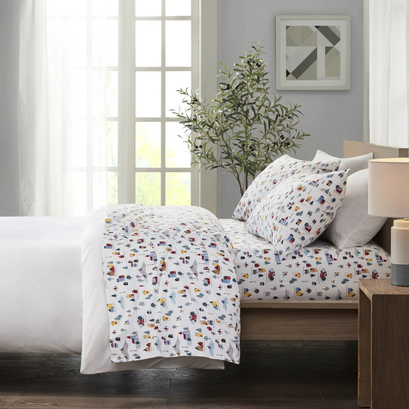 Drap de 4 pièces avec imprimé blanc de village, 100% flanelle de coton, doux au toucher, comprend des draps-housses plats et 2 taies d'oreiller, lavable à la machine de substances nocives, pleine grandeur
