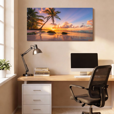 Tropical Sunset Palm Trees Beach Canvas Wrapped Wall Art Oil Painting Print Set Of 1