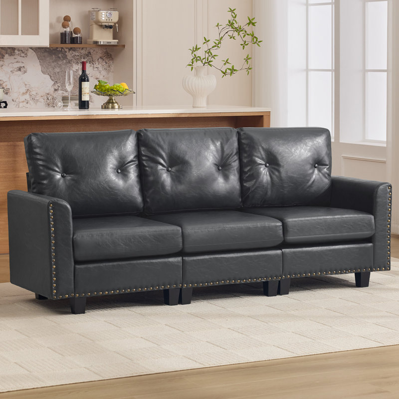 Canapé modulaire à 3 sièges capitonné en similicuir avec garniture cloutée, 3 Seat, Black