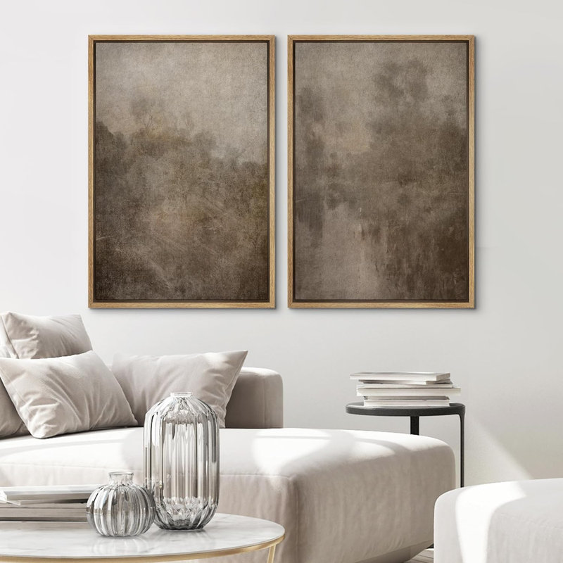 " Dark Black Color Field Landscapes " 2 - Pieces on Canvas, Natural Framed, 24'' H x 36'' W
