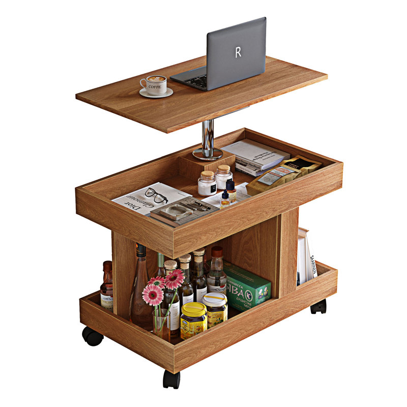 Petite table d'appoint avec roulettes et rangement, Naturel