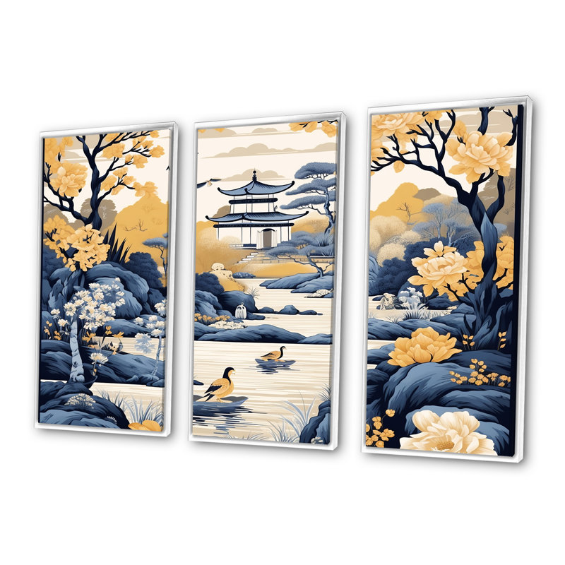 «Blue and Yellow China Blooming Landscape II», art mural Chine, Cadre flottant blanc, H 32 po x l 48 po x P 1 po