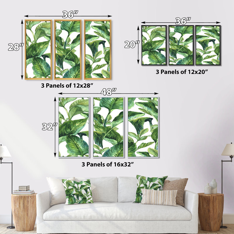 «Foliage Of Tropical Leaves», reproduction sur toile flottante 3 pièces, L 36 po x H 28 po, Cadre blanc