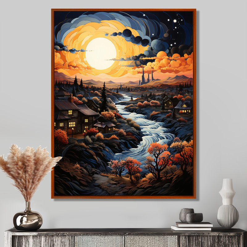 «Van Gogh», reproduction d'art sur toile, «Vangogh Village At Sunset I», H 20 po x l 12 po x P 1 po, Cadre flottant brun