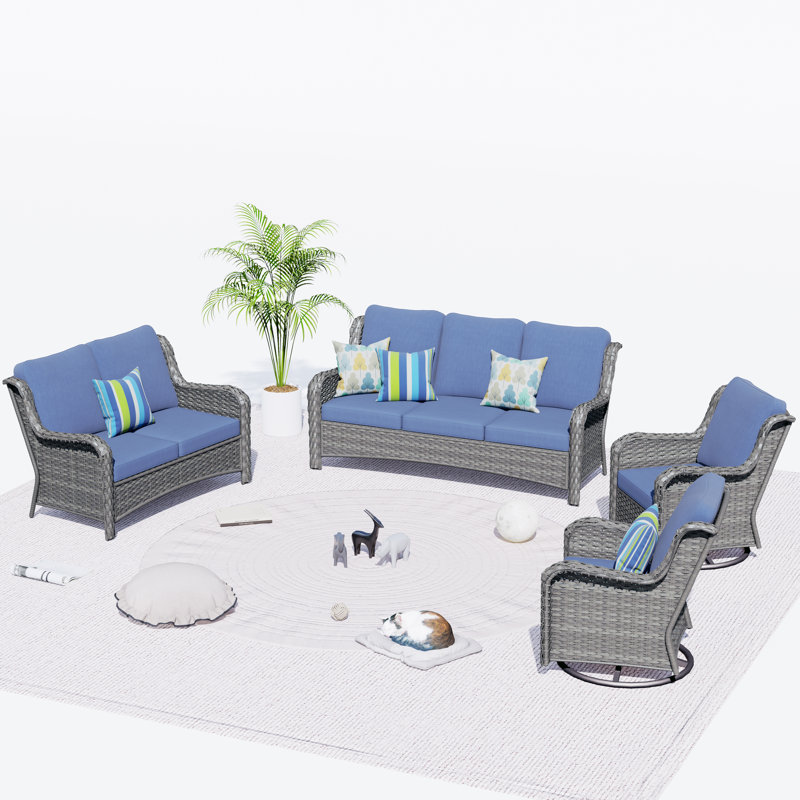 Ensemble de conversation d'extérieur pour 7 personnes avec coussins, Gris, Bleu