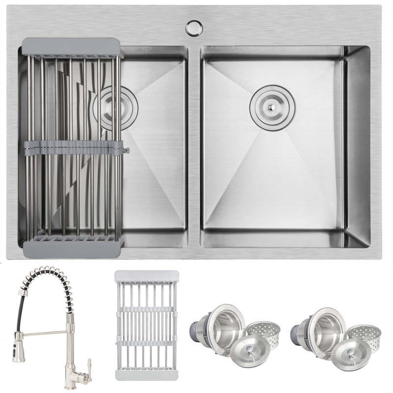 Ensemble d'évier de cuisine encastré à cuve double en acier inoxydable brossé à double cuve égouttoir 33 po x 22 po