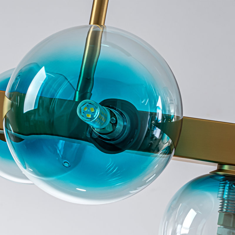 Lustre linéaire moderne en verre bullé 12 lumières à intensité variable Spoutnik, Doré, Bleu