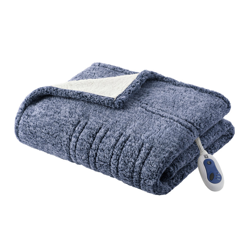 Jeté en sherpa marbré et chauffant, Bleu