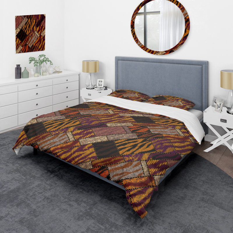 Patchwork orange et brun - ensemble de housse de couette abstrait - microfibre de polyester
