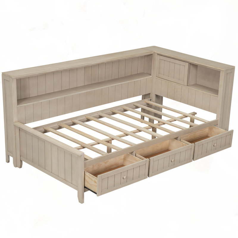 Lit de jour en bois avec tablettes et tiroirs de rangement, Simple