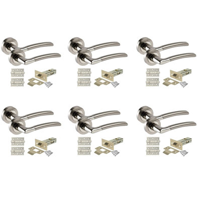 6 Pairs Indiana Style Modern Door Handles on Round Rose with Duo Chrome Finish with Ball Bearing Hinges and 64mm Tubular Latch