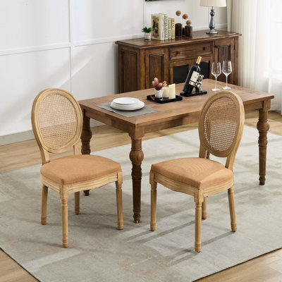 Chaises de salle à manger de style français brun clair en A de 2, structure en bois d'hévéa massif avec peinture antique, tissu et dossier en lin, rembourrage en mousse à ressort en acier pour rembourrage, hauteur 37,85 po, profondeur 23,13 po, largeur 19,77 po 2
