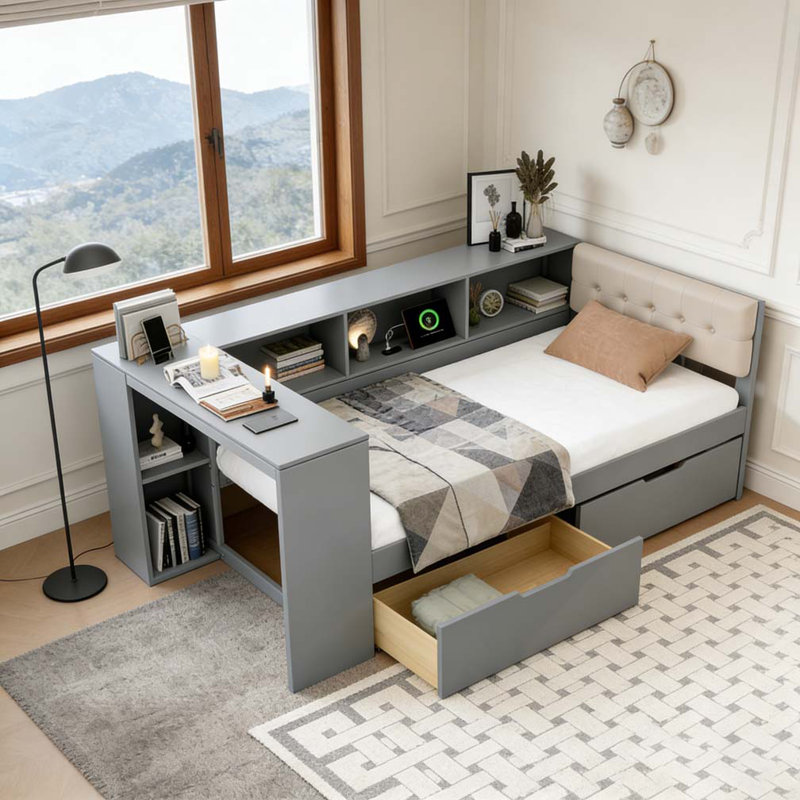 Lit plateforme simple en bois avec tablettes de rangement et tiroirs, Lit simple, Gris