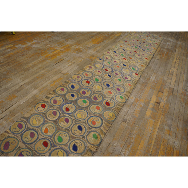 Antique American Hooked Rug Hallway Runner Wool Beige, Multicolor