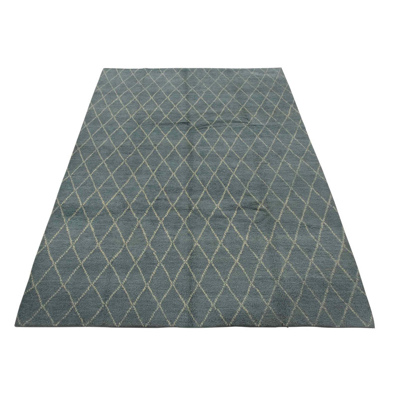 Tapis marocain contemporain en laine bleue noué à la main 7 pi 10 po x 9 pi 10 po Moroccan