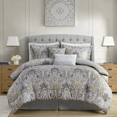 Édredon en coton 6 pièces gris - Motif captivant avec des accents bleus et jaunes