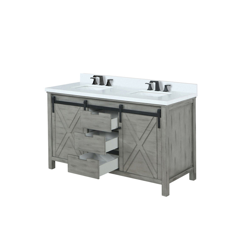 Meuble-lavabo double gris cendré 60 po X P 22 po D, ensemble de comptoir et robinet en marbre de culture, Bois de frêne gris