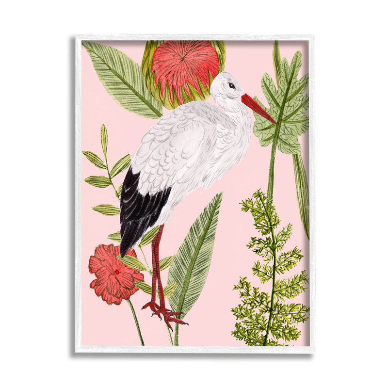 Giclée d'oiseaux botaniques roses par Melissa Wang, H 20 po x l 16 po x P 1,5 po, Cadre flottant gris lustré