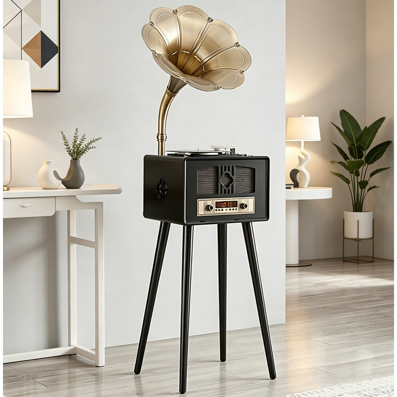 Rétro Gramophone: haut-parleur en bois massif tout-en-un, Noir et or