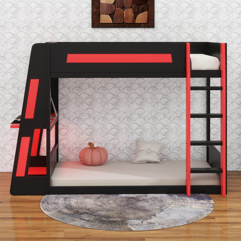 Lit superposé en bois avec bureau intégré, lumières DEL, port USB et 2 tablettes de rangement, Simple, Noir / rouge