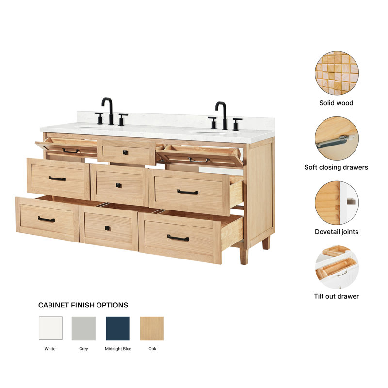 ARIEL Monroe 72 Double Sink Bathroom Vanity with Carrara Quartz Top, Oak, 72" - 73", Carrara White Quartz