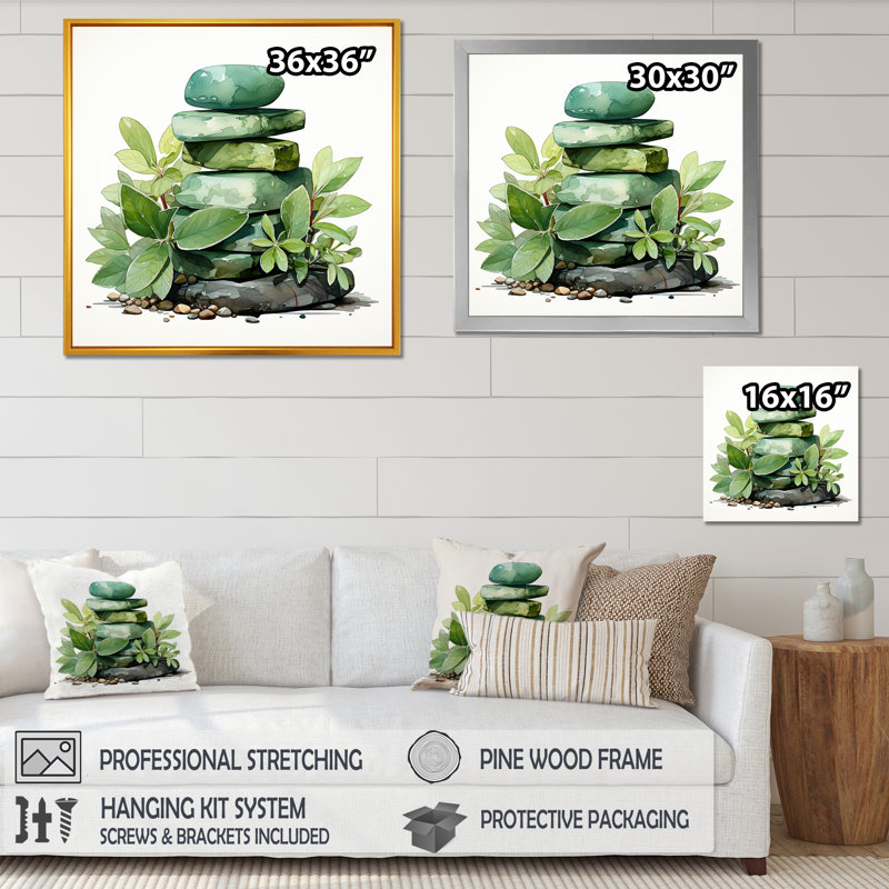 «Green Tranquil Sage Spiritual Stones II» - art mural pierre spirituelle, Toile tendue, H 36 po x l 36 po x P 1,5 po