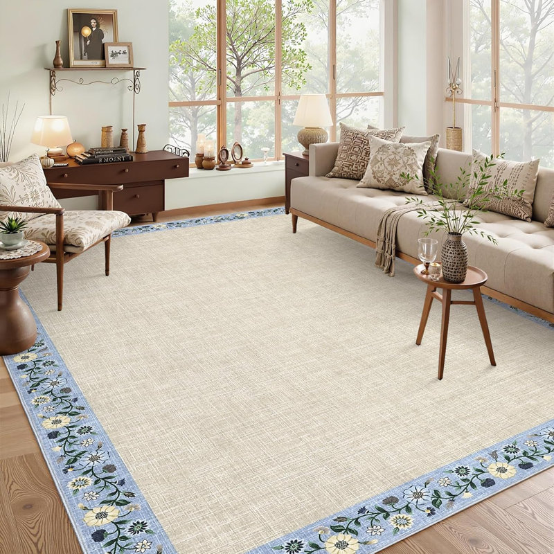 Modern Bordered Runner Rug 2x6 – Washable Non-Slip Low-Pile Carpet for Hallway, Kitchen, Bedroom, Bathroom, or Laundry Room, Soft Floral Print, Beige