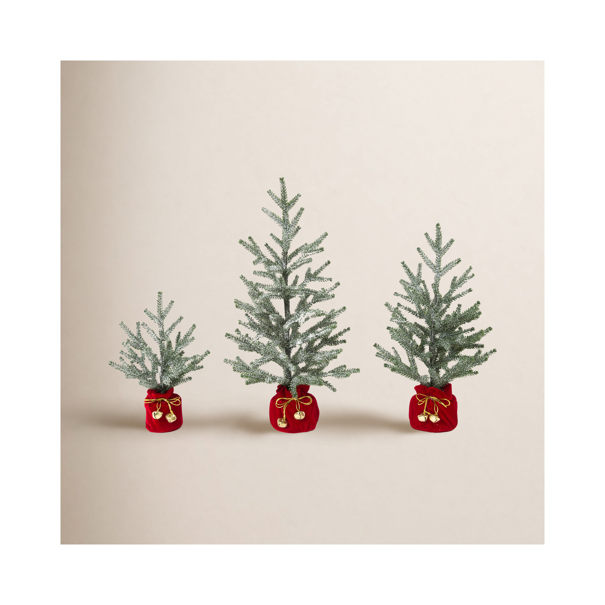 Set Of 3 Holiday Pine Trees With Christmas Jingle Bell Base