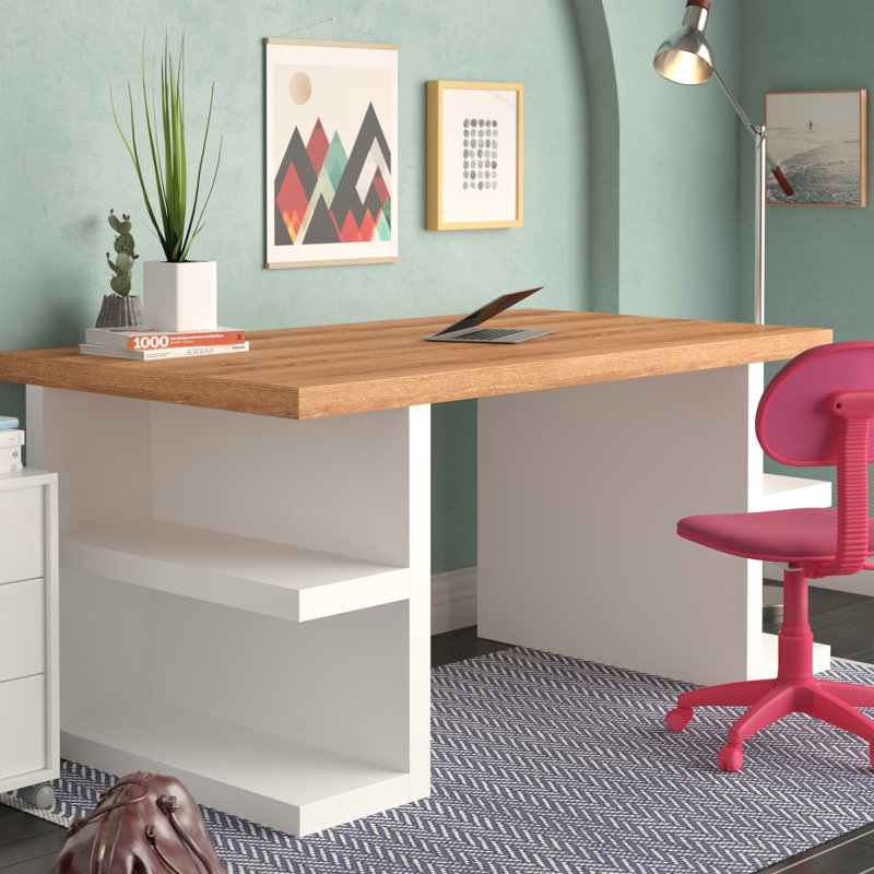 Frethi Writing Desk, Oak / White, 30" H x 71" W x 35" D