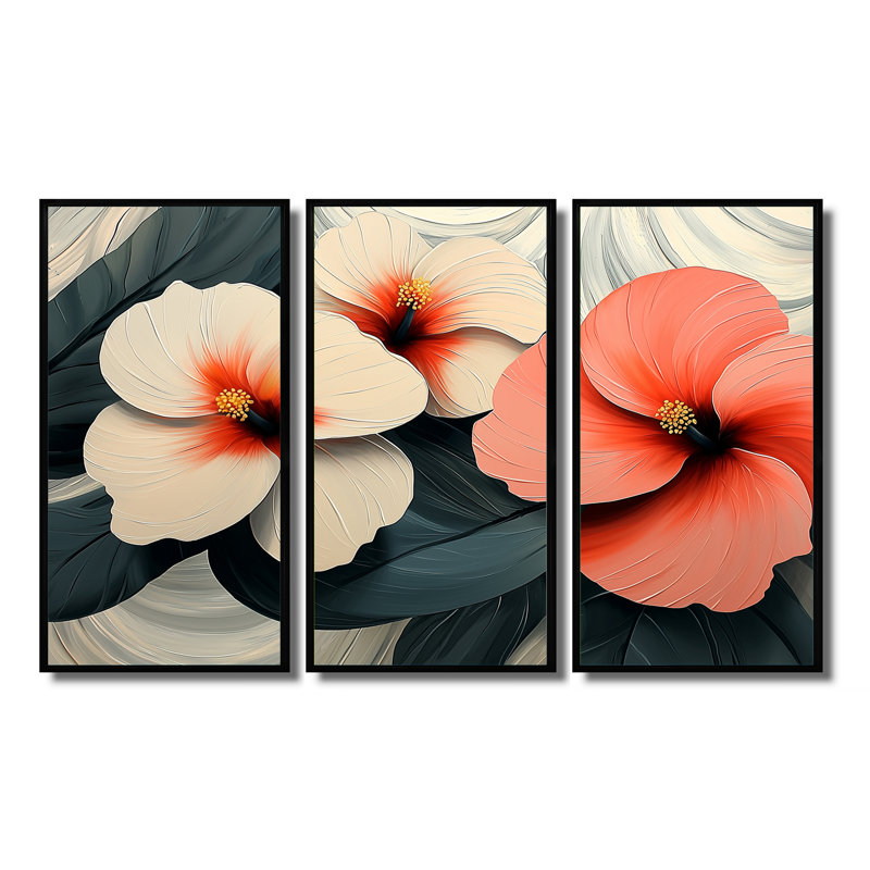 Coucher de soleil Hibiscus liquide Art Harmony I - Hibiscus Wall Art - ensemble de 3, H 28 po x l 36 po, Noir