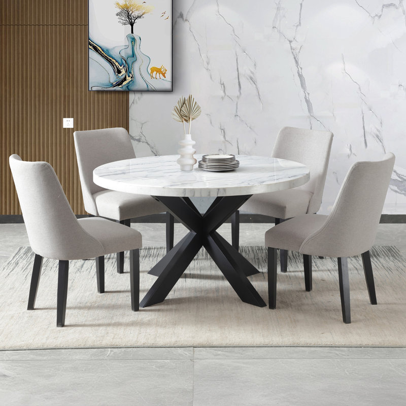 Fishburne Xena 52" Round Marble Dining Set, 5 Pieces: Table, 4 Chairs