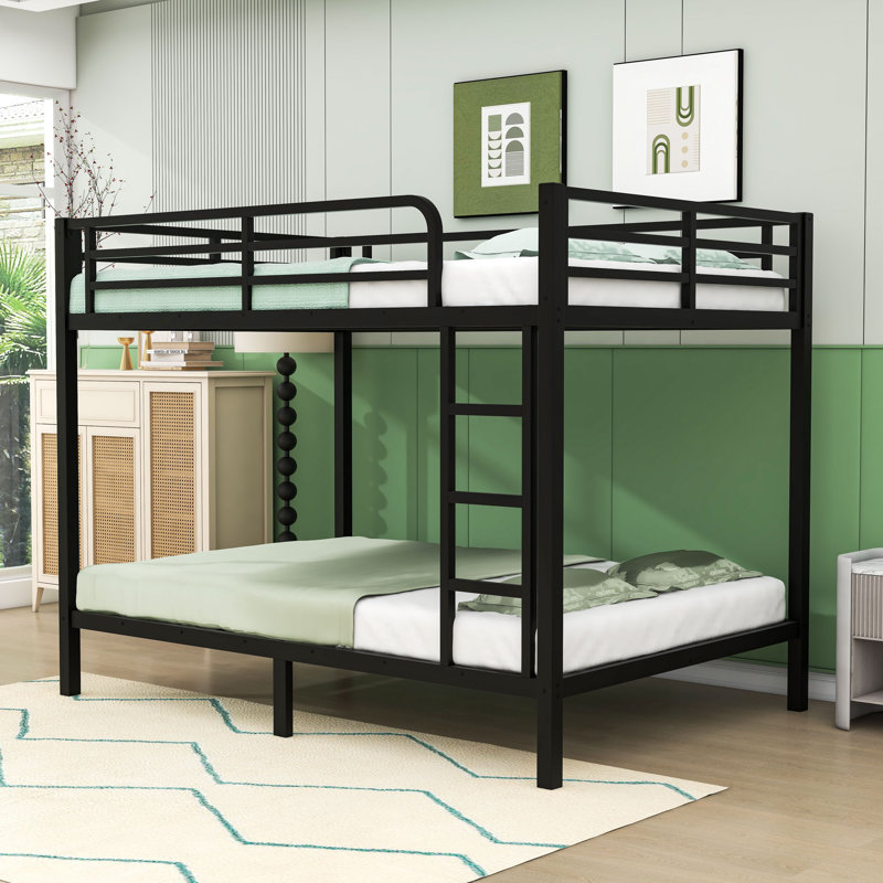 Full XL Over Full XL Metal Bunk Bed With Guardrails And Ladder, Black, Full XL Over Full XL