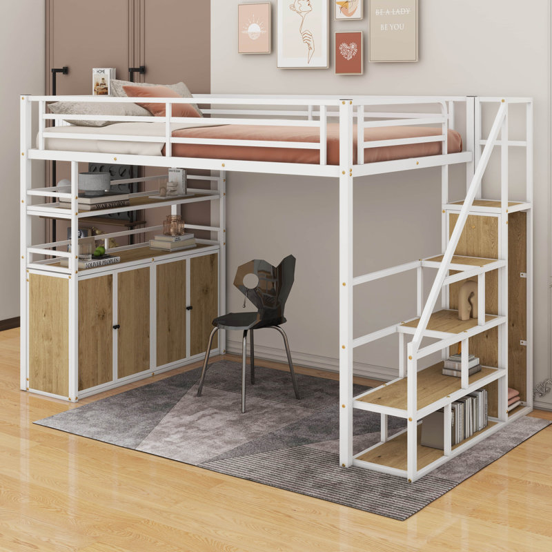 Full Size Metal Loft Bed With Storage Staircase And Wardrobe, White