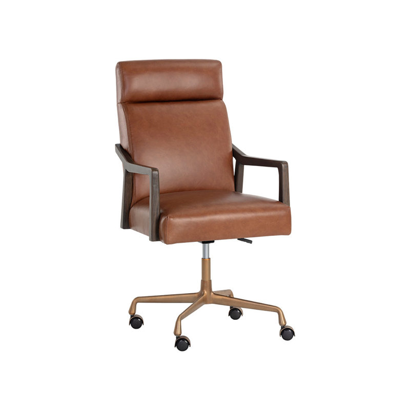 CHAISE DE BUREAU Powers - Brun, Cuir véritable tabac Shalimar