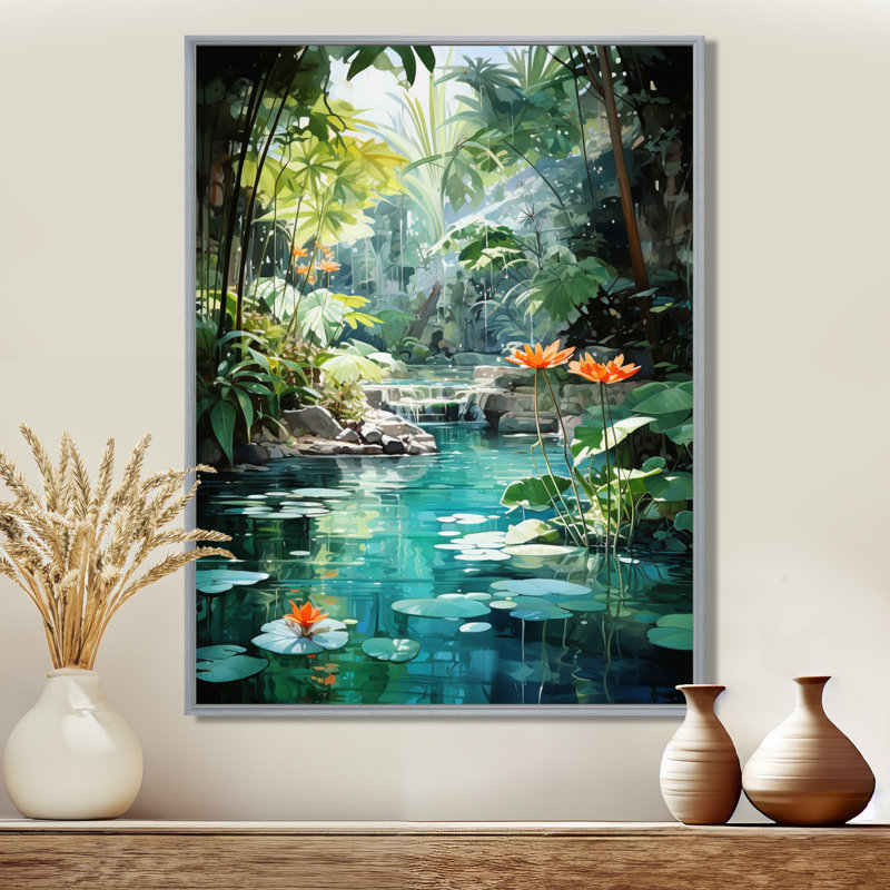 Beant Emerald Oasis A Lush Green Landscape - Forest River Mountains, art mural encadré, H 40 po x l 30 po x P 1,5 po