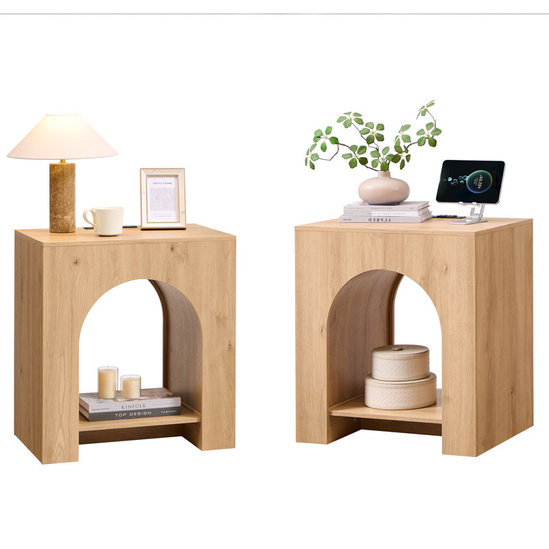 Arched End Table Set of 2 with Type-C Charging Station, 22" Modern Bedroom Sideboard with Arched Shelf, Natural, Set of 2