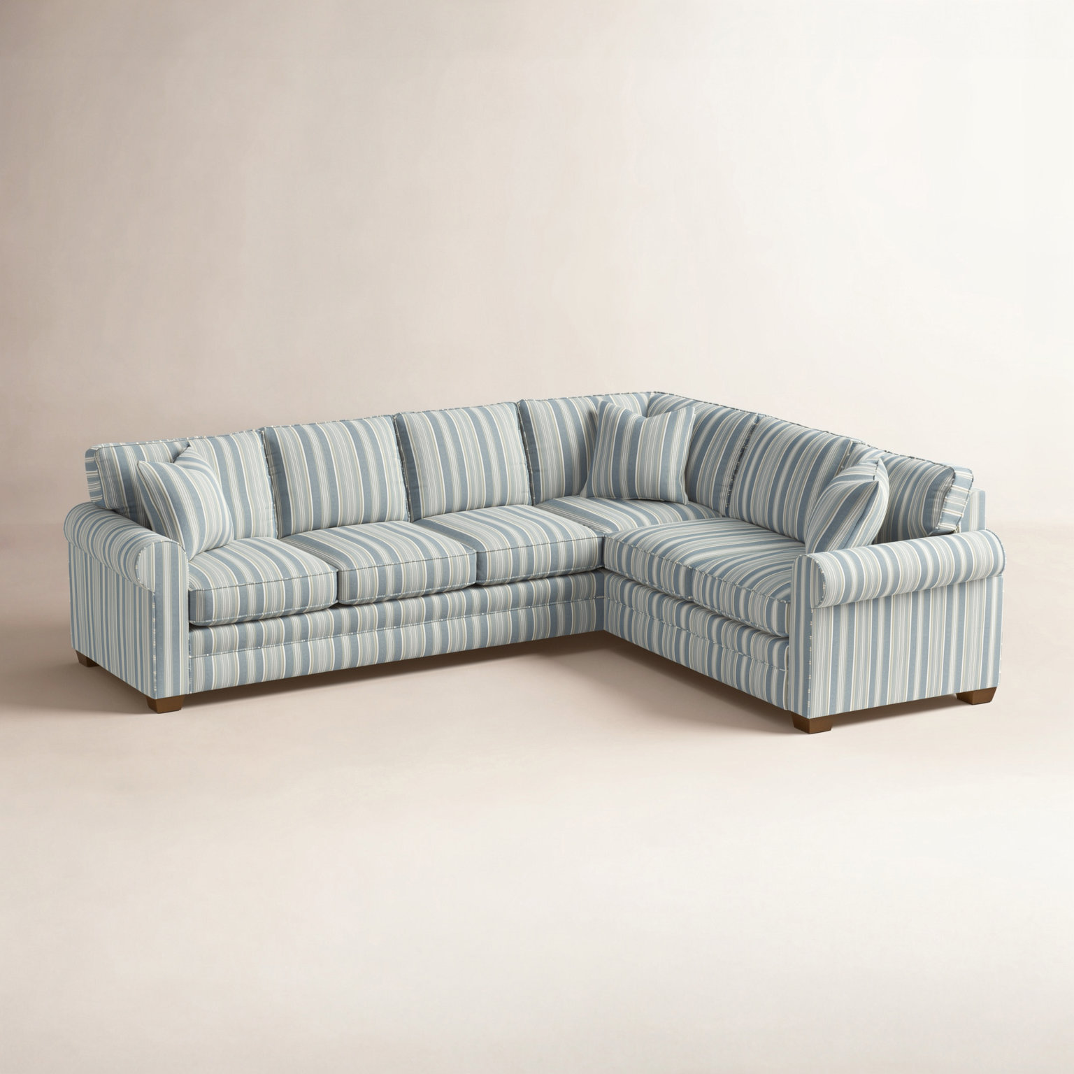 Bedford Upholstered L-Sectional, Havana Finish, Green and Blue Stripe; 0252-54, Right Hand Facing