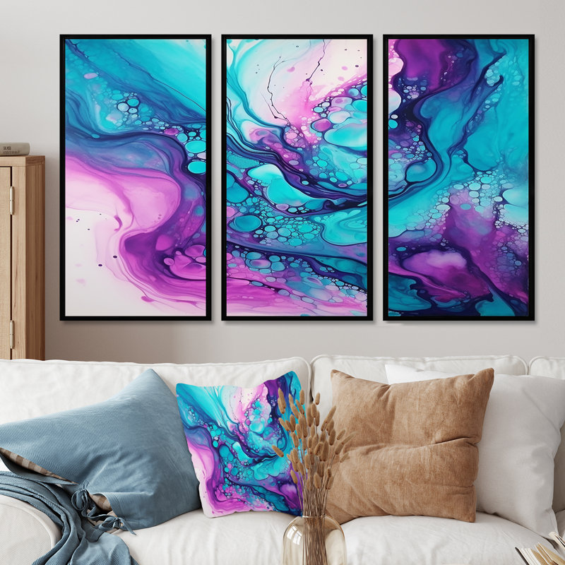 Ensemble de salon art mural encre liquide liquide magenta mauve, Cadre flottant noir, H 28 po x l 36 po x P 1 po