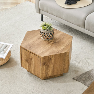 Table basse à rangement géométrique, panneau de fibres à densité moyenne hexagonal avec tiroir, texture bois brun, 20,3 pouces de largeur