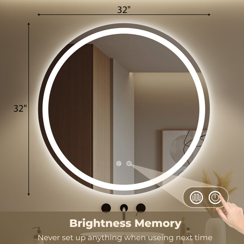 LED Bathroom Round Mirror with Light – Anti-Fog and Adjustable Colour Lighting, 32" H x 32" W x 1" D